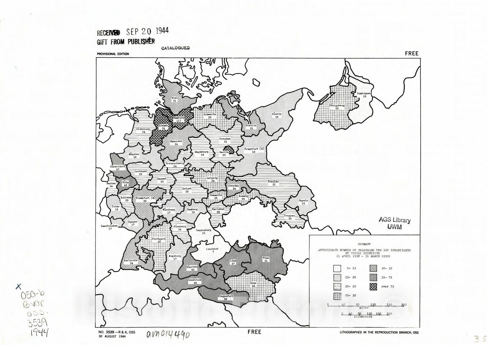 Map : Germany 1944, Germany, approximate number of telegrams per 100 inhabitants by postal districts (1 April 1938 - 31 March 1939) , Antique Vintage Reproduction