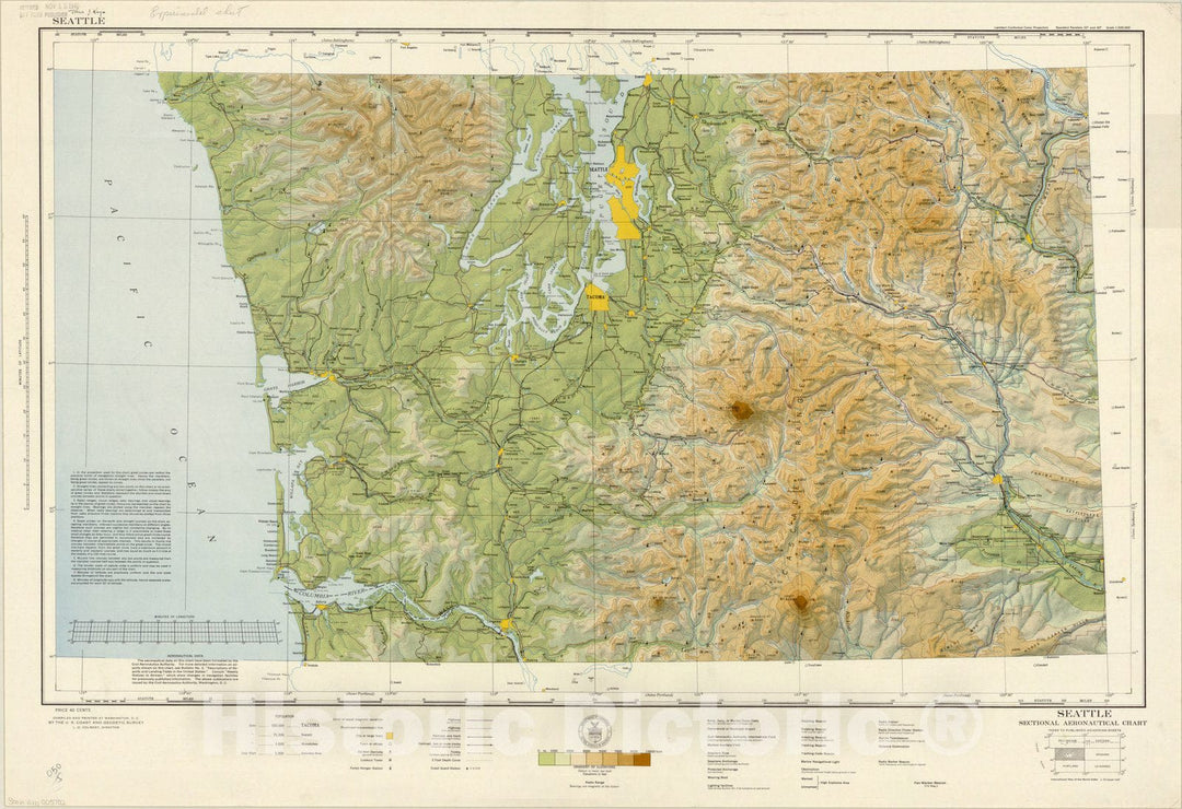 Map : Seattle, Washington 1940 2, Seattle sectional aeronautical chart [gradient tints on white] , Antique Vintage Reproduction