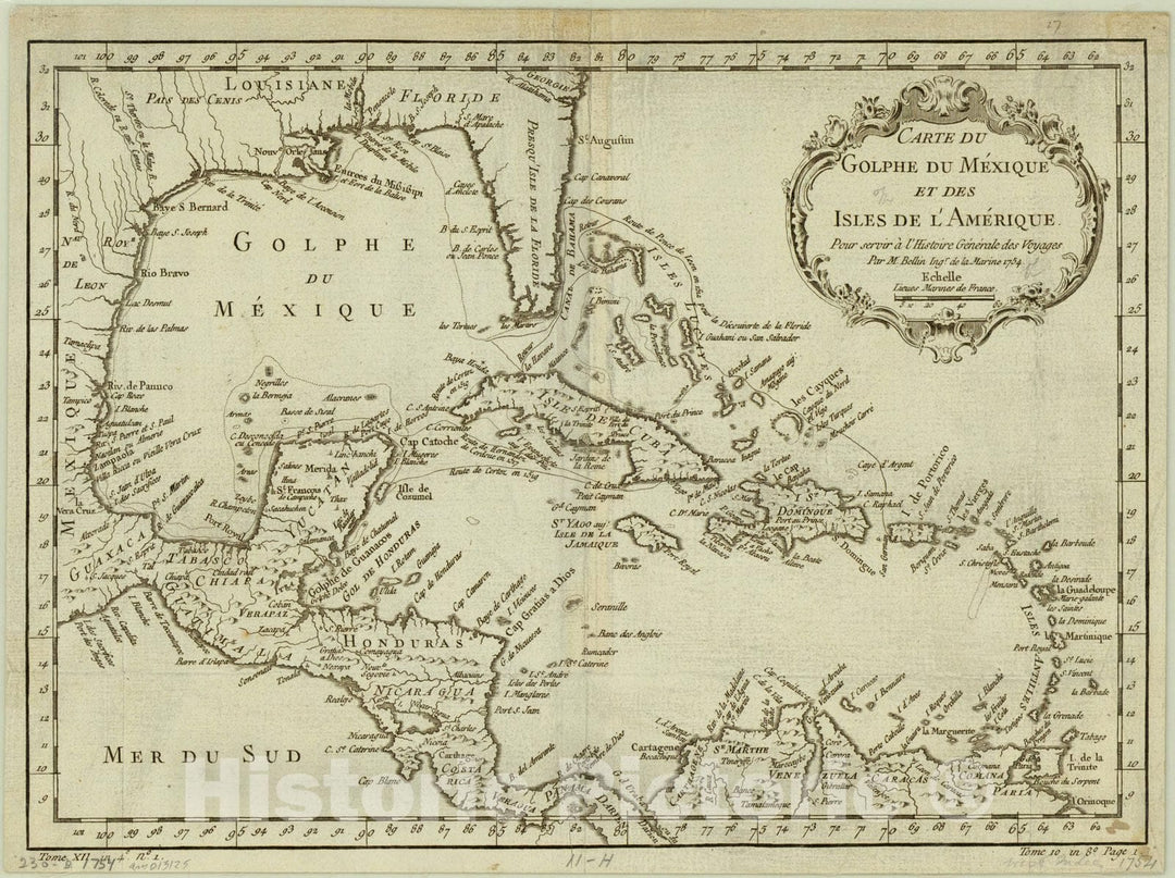 Map : Caribbean 1754, Carte du Golphe du Mexique et des isles de l'Amerique. pour servir a l'Histoire generale des voyages , Antique Vintage Reproduction