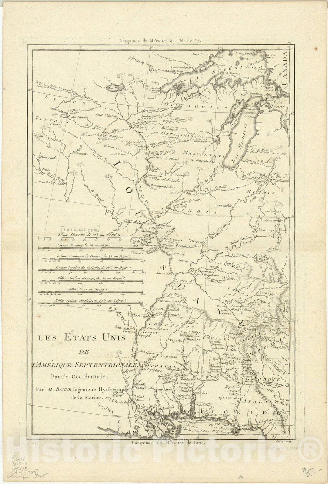 Map : United States 1788, Les Etats Unis de l'Amerique septentrionale, partie occidentale. , Antique Vintage Reproduction