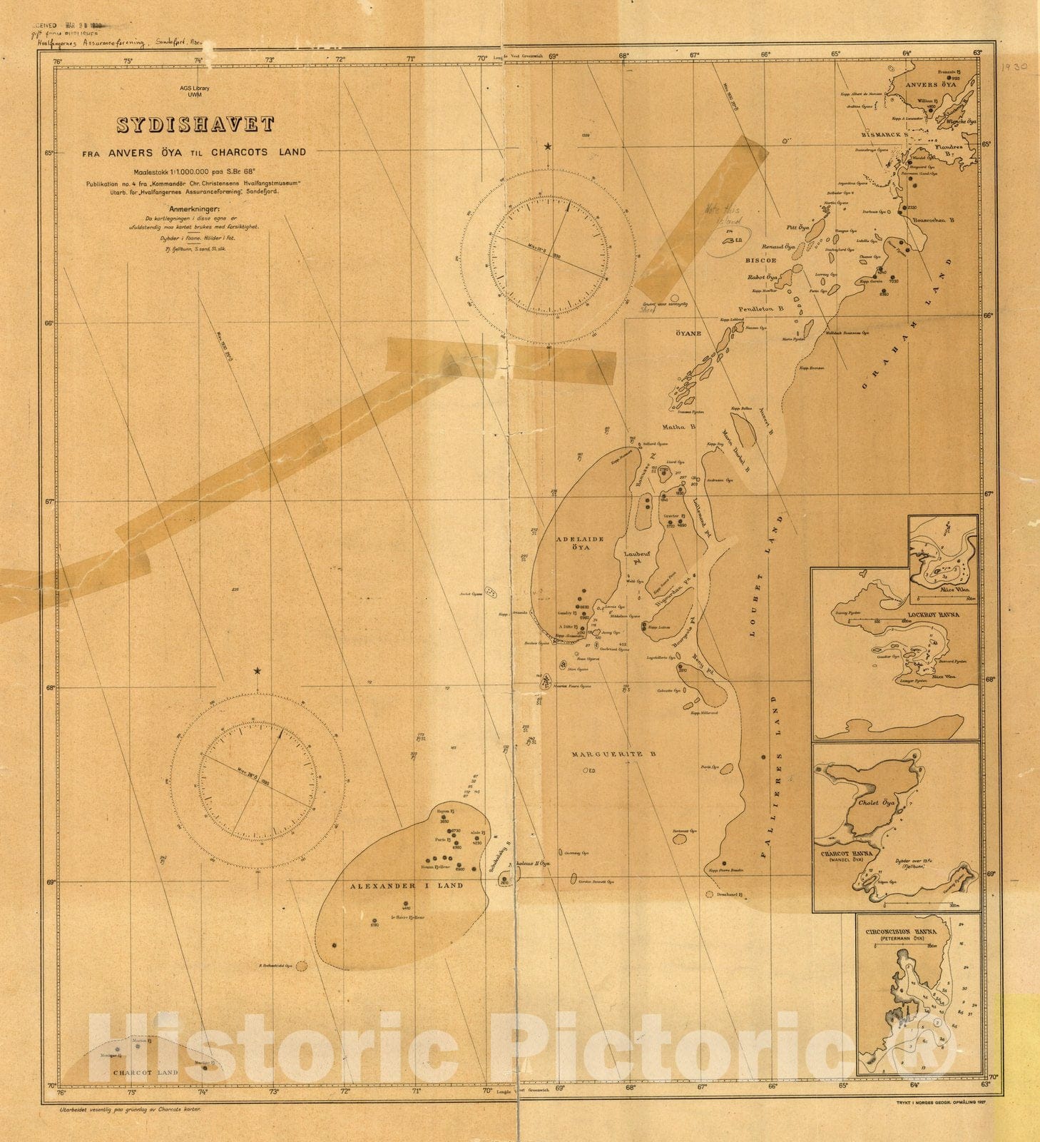 Map : Charcot Island, Antarctica 1927, Sydishavet fra Anvers oya til Charcots Land, Antique Vintage Reproduction