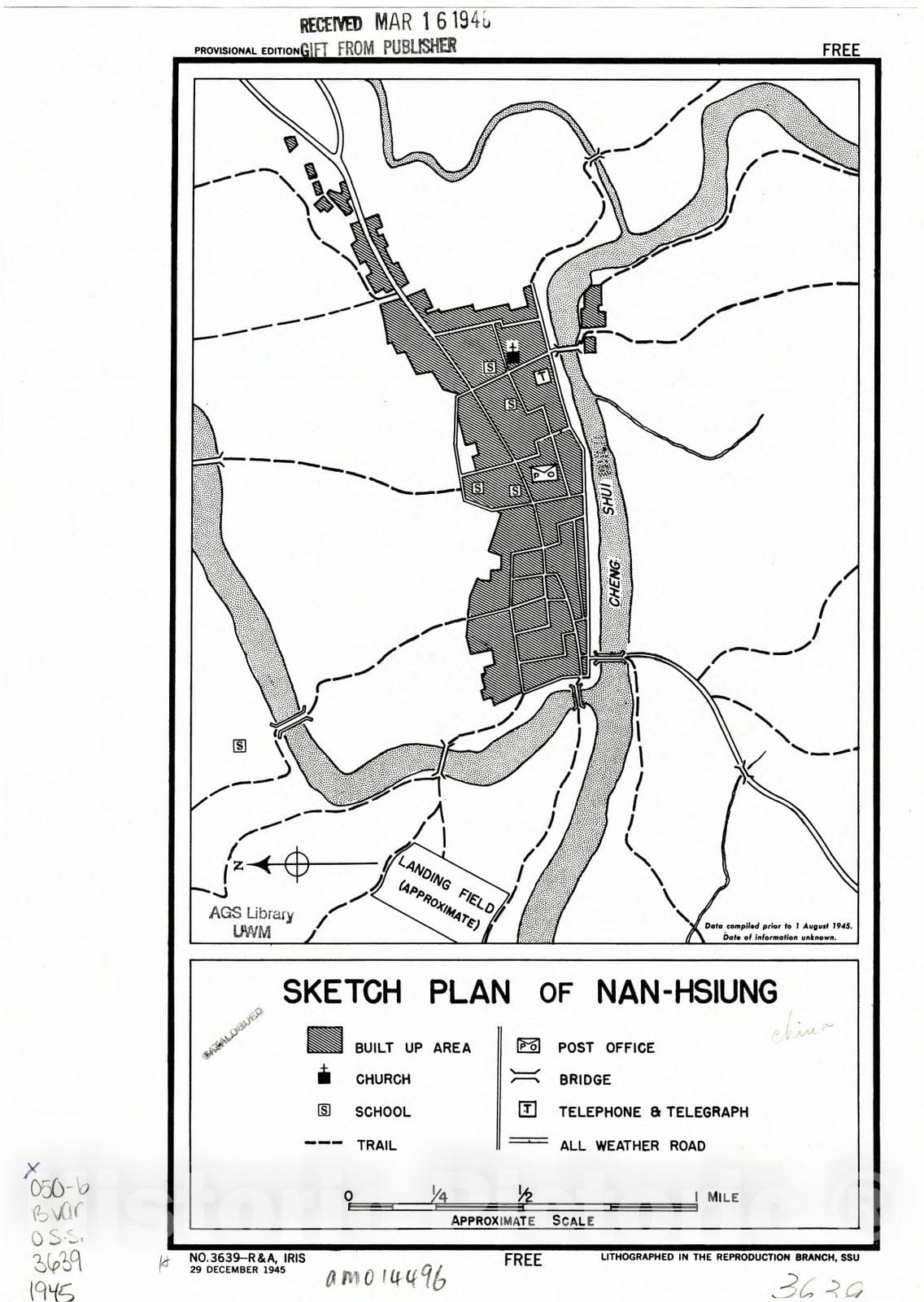 Map : Nanxiong Shi, China 1945, Sketch plan of Nan-hsiung , Antique Vintage Reproduction