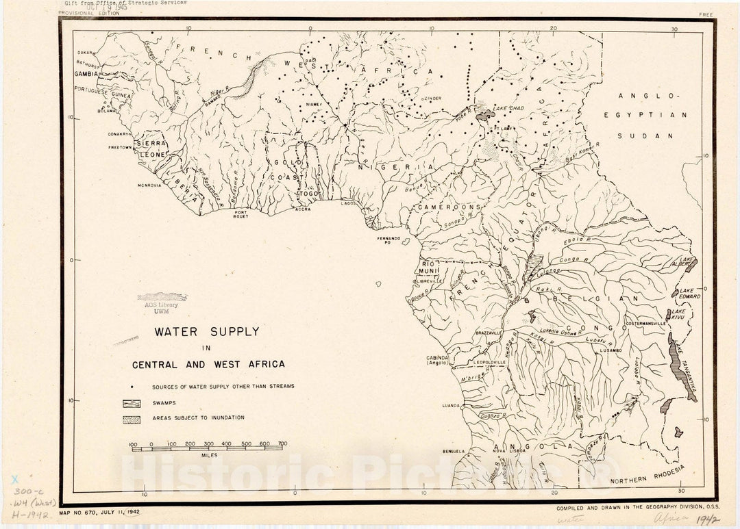 Map : Africa 1942, Water supply in central and west Africa , Antique Vintage Reproduction