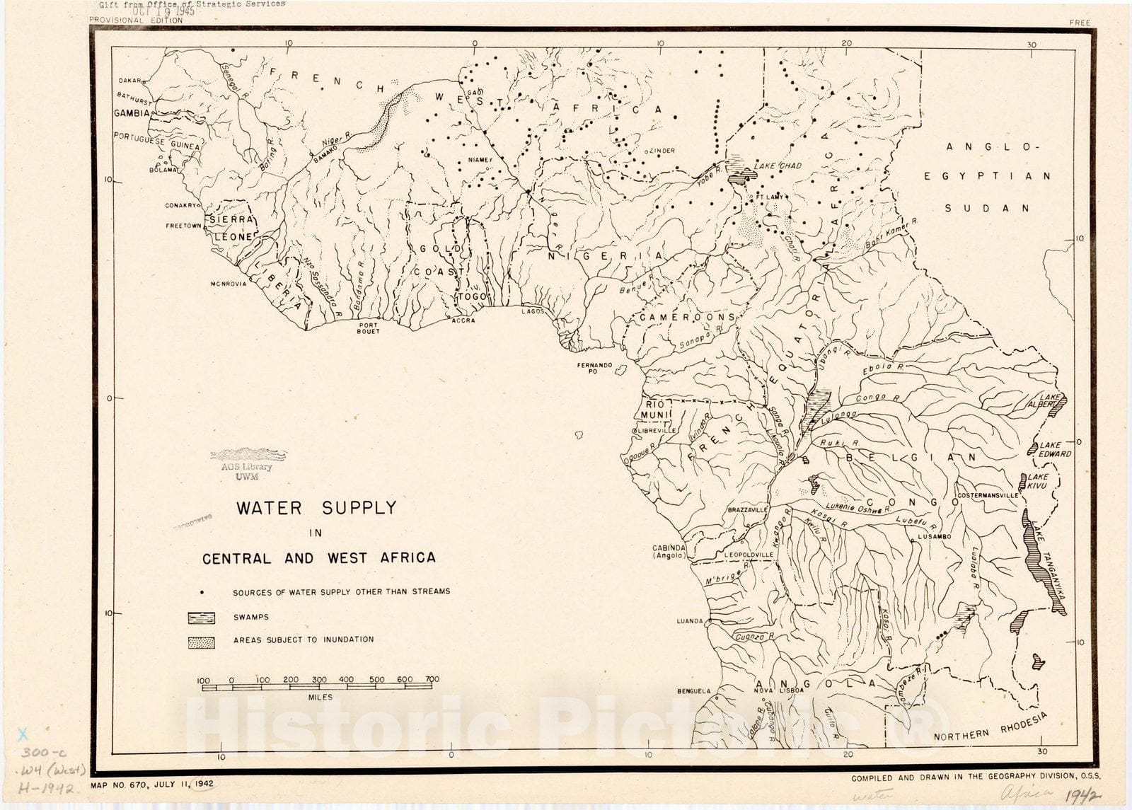 Map : Africa 1942, Water supply in central and west Africa , Antique Vintage Reproduction