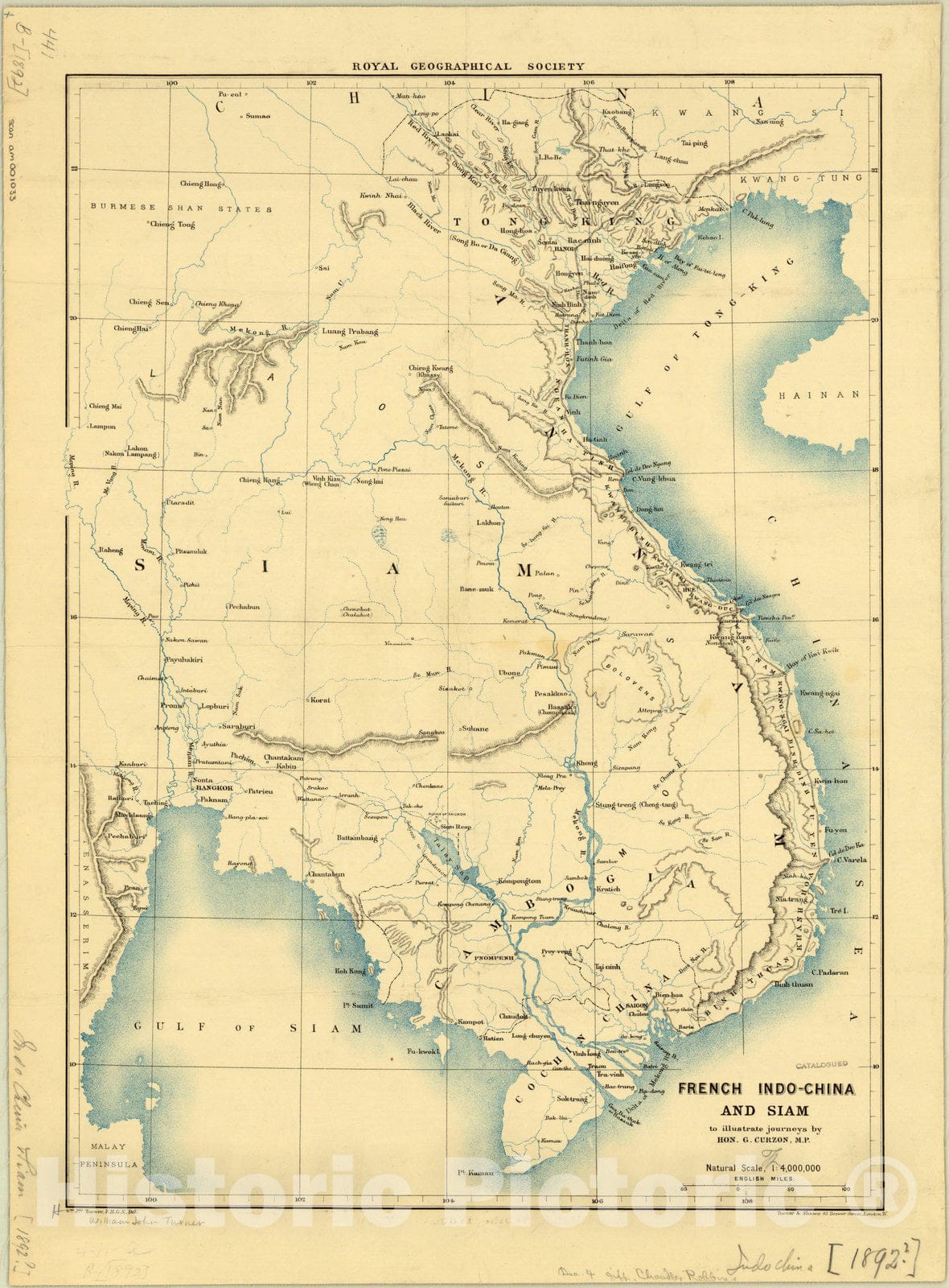 Map : Indochina 1892, French Indo-china and Siam to illustrate journeys by Hon. G. Curzon, M.P., Antique Vintage Reproduction