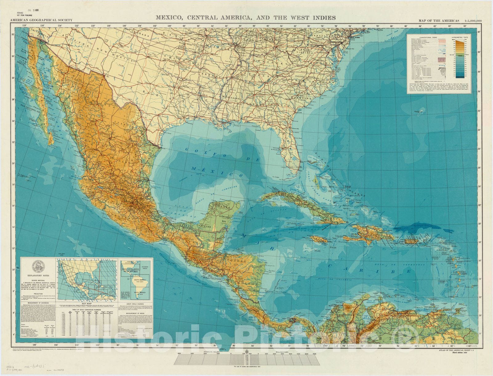 Map : Central America 1953, Mexico, Central America, and the West Indies : map of the Americas 1:5,000,000 , Antique Vintage Reproduction