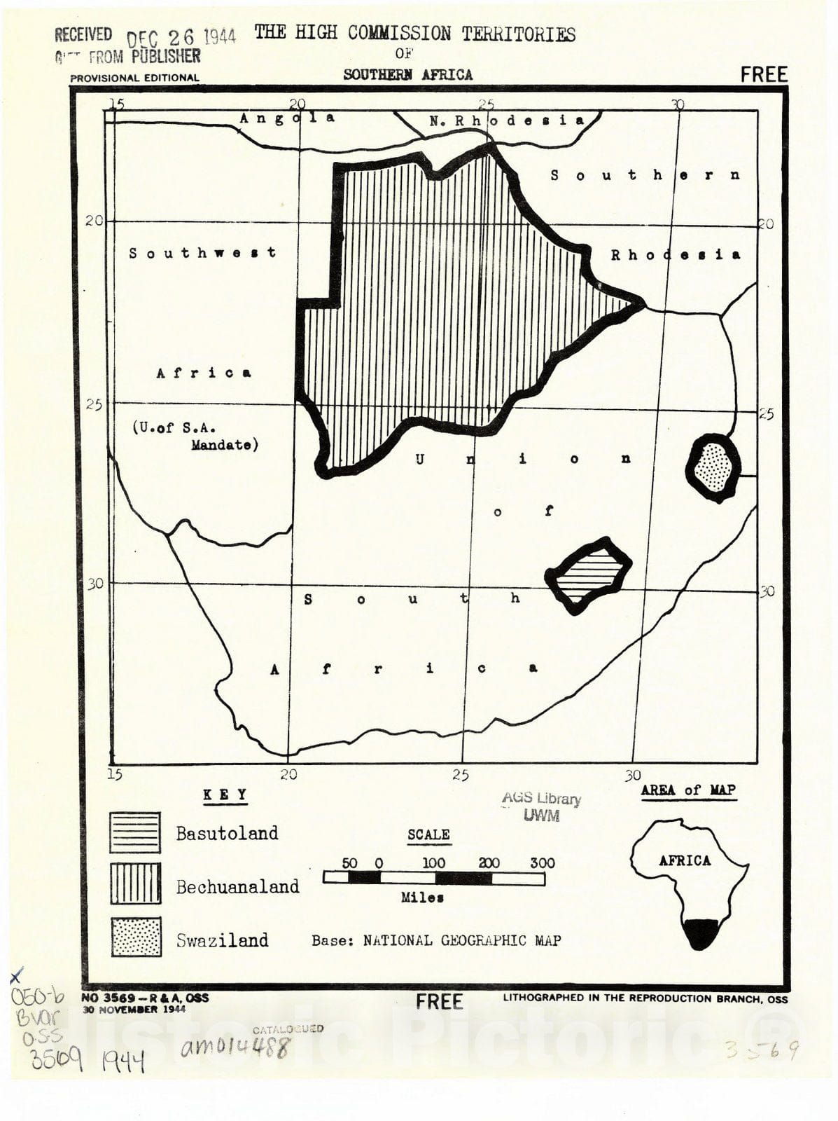 Map : Southern Africa 1944, The High Commission territories of Southern Africa, Antique Vintage Reproduction