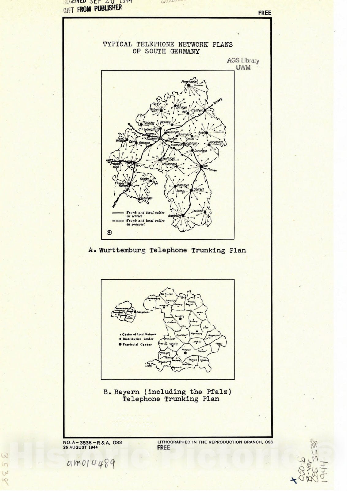 Map : Germany, southern 1944, Typical telephone network plans of south Germany , Antique Vintage Reproduction