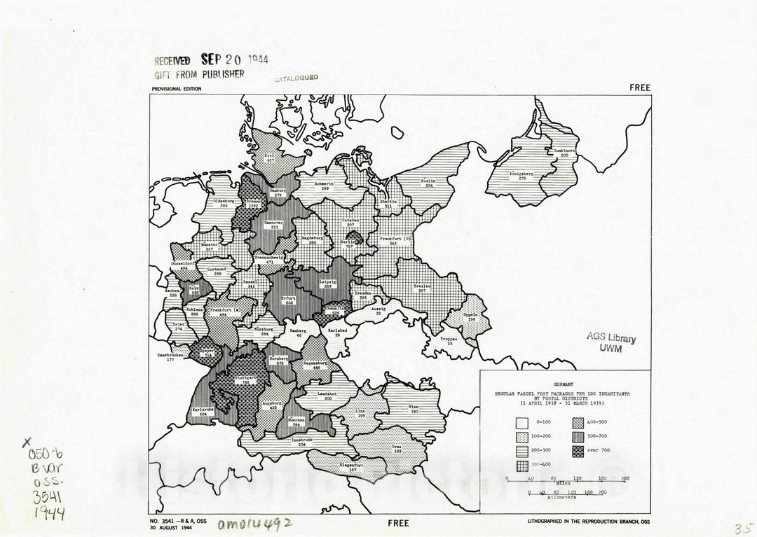 Map : Germany 1944, Germany, regular parcel post packages per 100 inhabitants by postal districts (1 April 1938 - 31 March 1939) , Antique Vintage Reproduction