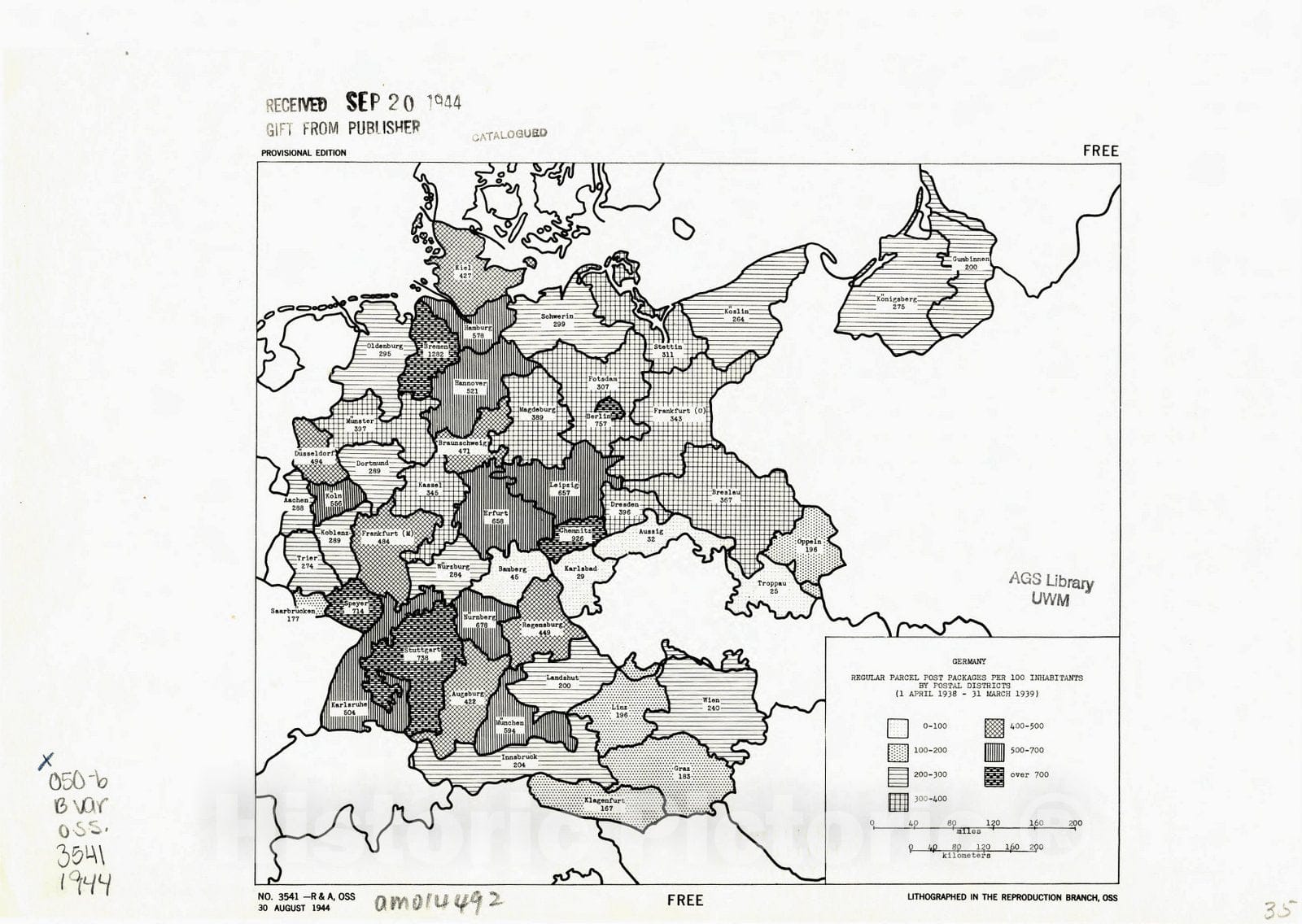 Map : Germany 1944, Germany, regular parcel post packages per 100 inhabitants by postal districts (1 April 1938 - 31 March 1939) , Antique Vintage Reproduction