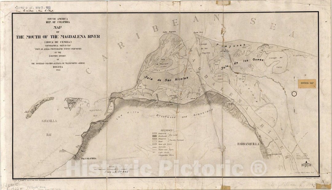 Map : Magdalena River, Colombia 1922, Map of the mouth of the Magdalena River (Boca de Ceniza) topographical sketch map , Antique Vintage Reproduction