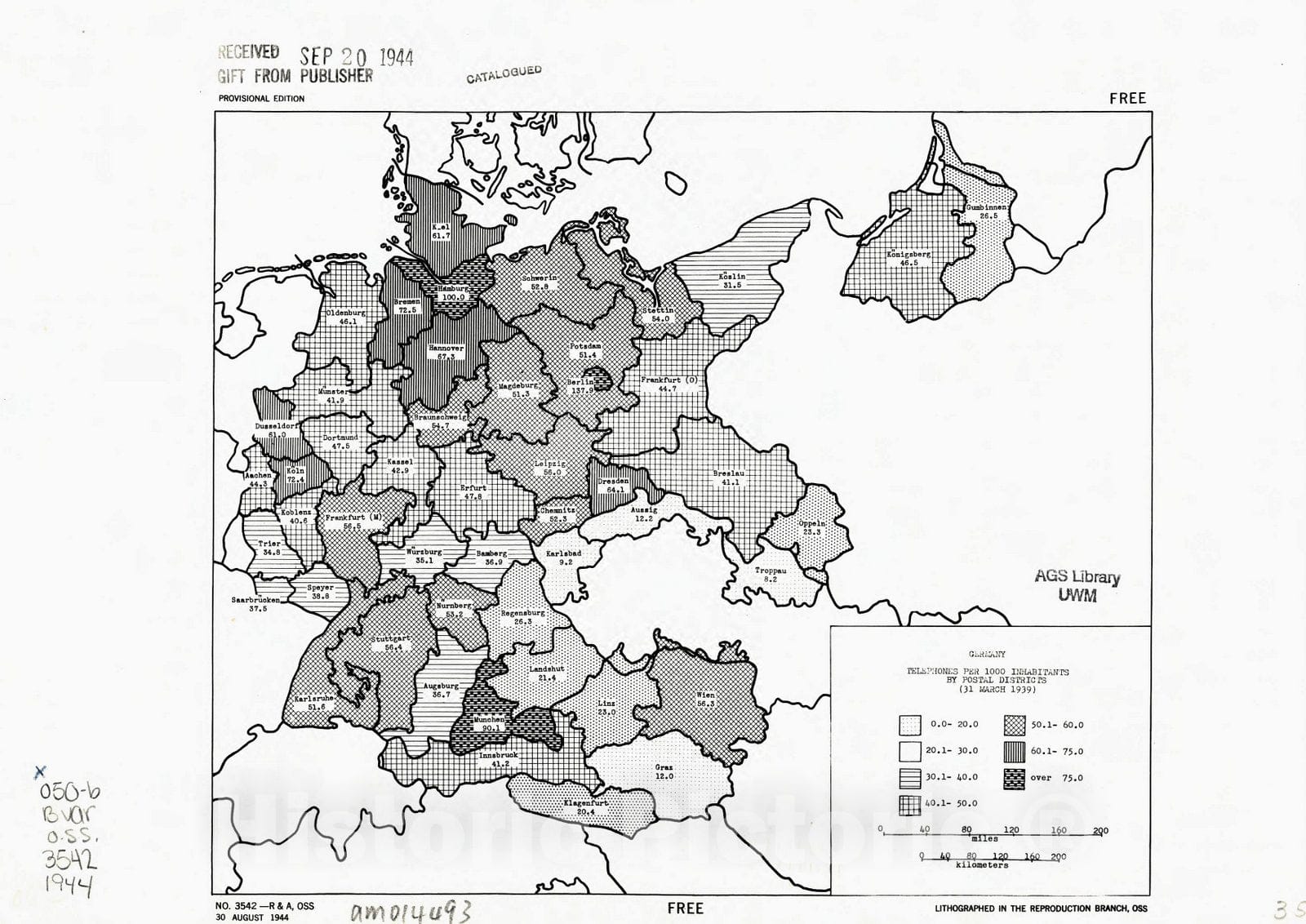 Map : Germany 1944, Germany, telephones per 1000 inhabitants by postal districts (31 March 1939) , Antique Vintage Reproduction