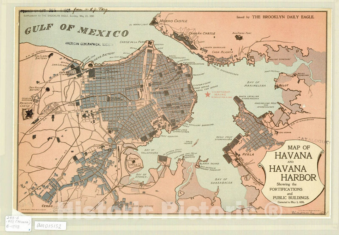 Map : Havana, Cuba 1898, Map of Havana and Havana Harbor, showing the fortifications and public buildings , Antique Vintage Reproduction