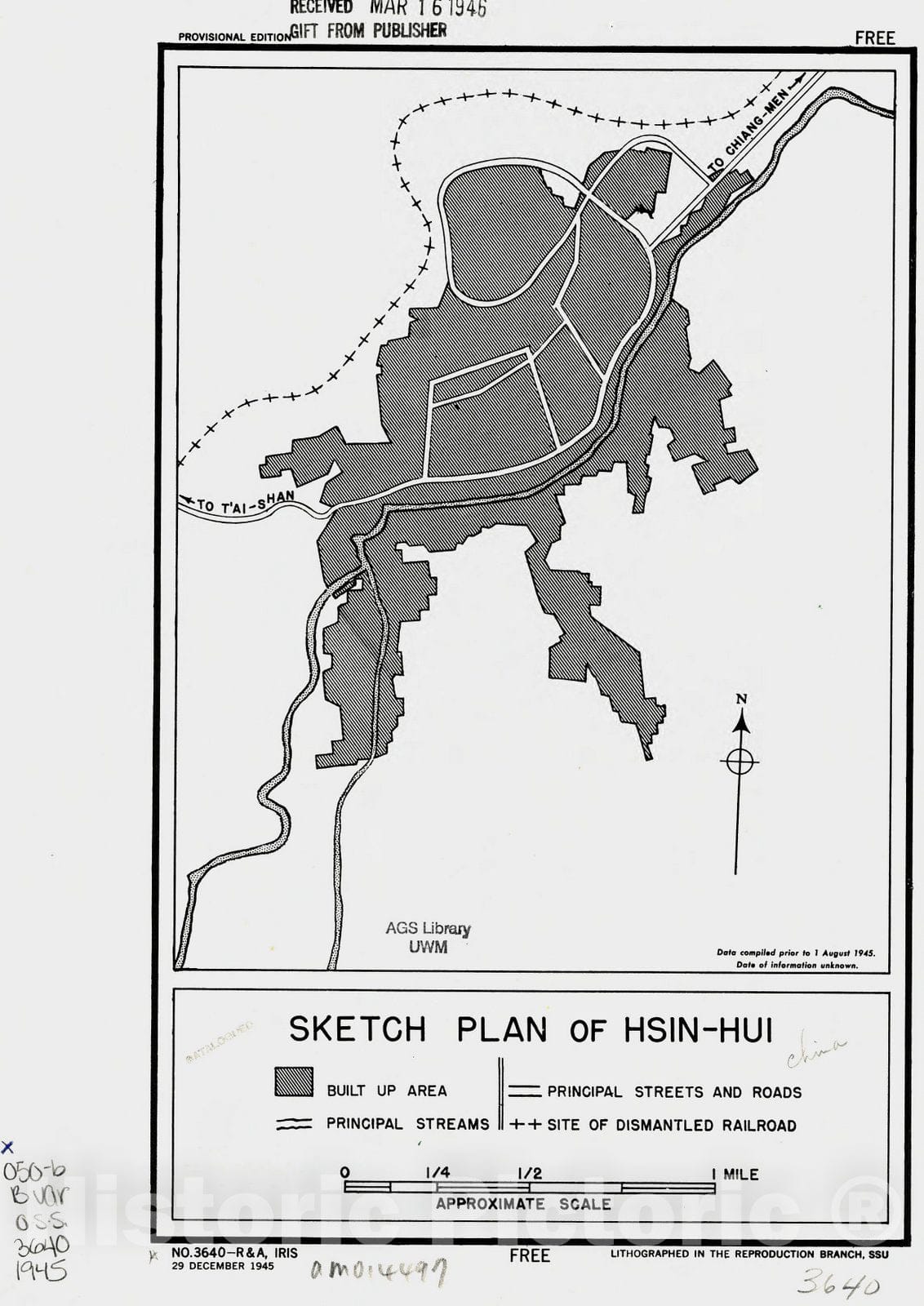 Map : Xinhui, Guangdong Sheng, China 1945, Sketch plan of Hsin-hui , Antique Vintage Reproduction