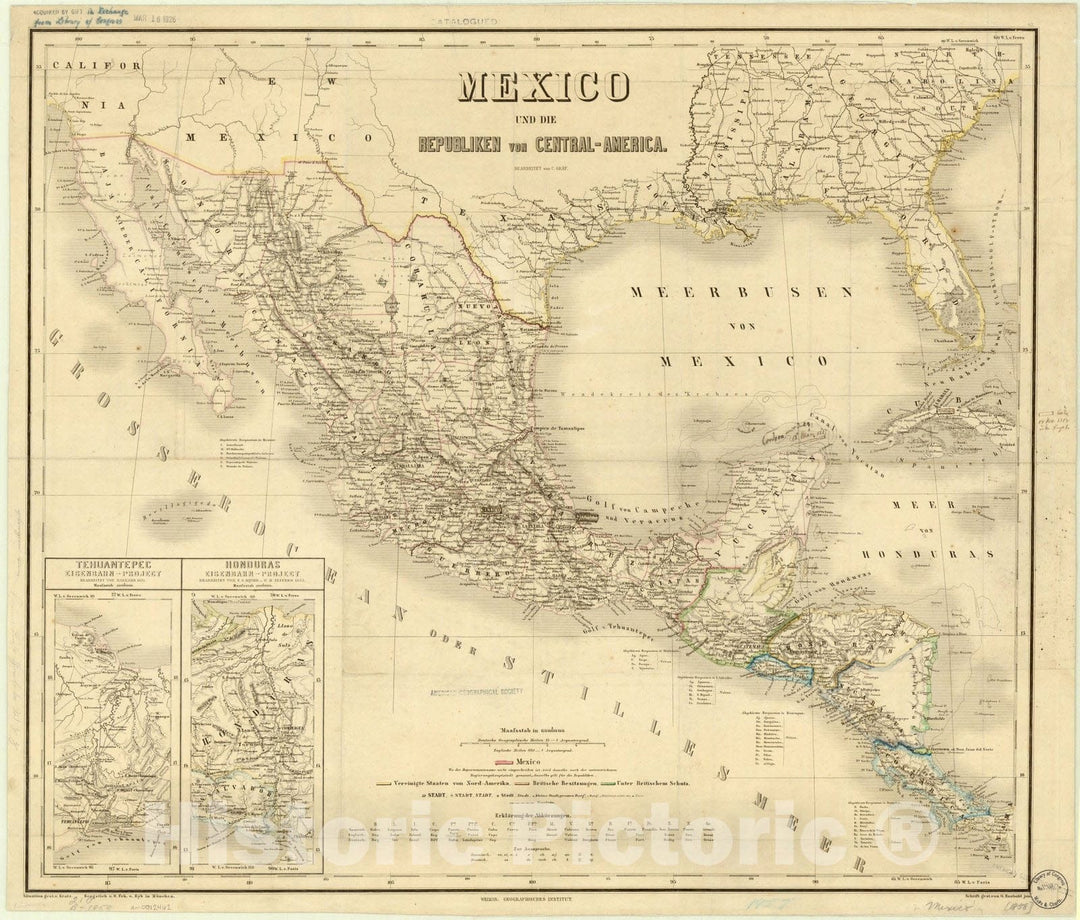 Map : Honduras 1853, Mexico und die Republiken von Central-America , Antique Vintage Reproduction