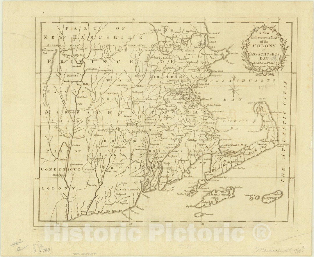 Historic Map : Massachusetts 1780, A new and accurate map of the colony of Massachusets [i.e. Massachusetts] Bay, in North America, from a late survey, Antique Vintage Reproduction