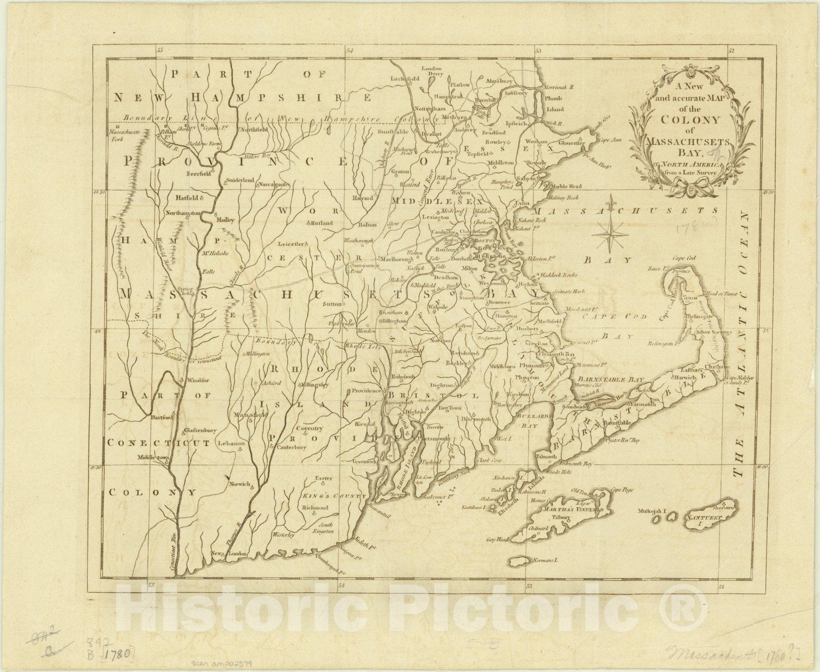 Historic Map : Massachusetts 1780, A new and accurate map of the colony of Massachusets [i.e. Massachusetts] Bay, in North America, from a late survey, Antique Vintage Reproduction