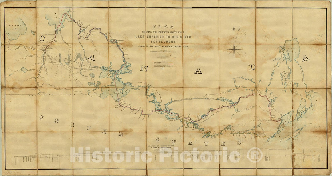 Map : Ontario and Manitoba 1870, Plan shewing the proposed route from Lake Superior to Red River settlement : [Ontario and Manitoba] , Antique Vintage Reproduction