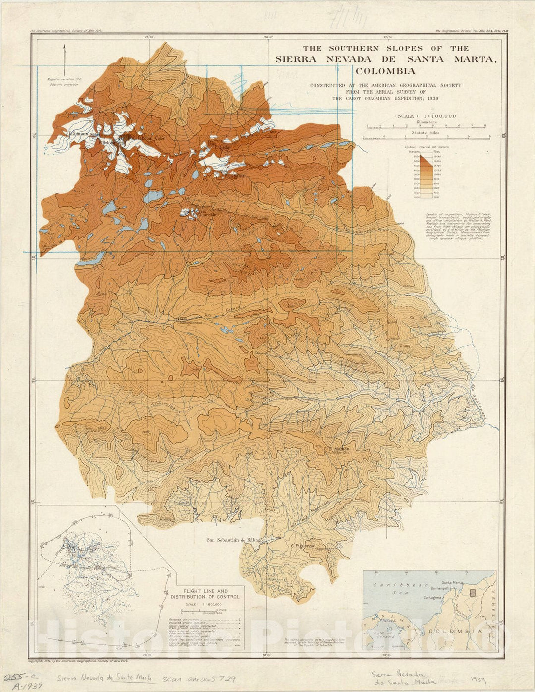 Map : Santa Marta Range, Colombia 1941, The southern slopes of the Sierra Nevada de Santa Marta, Colombia. , Antique Vintage Reproduction