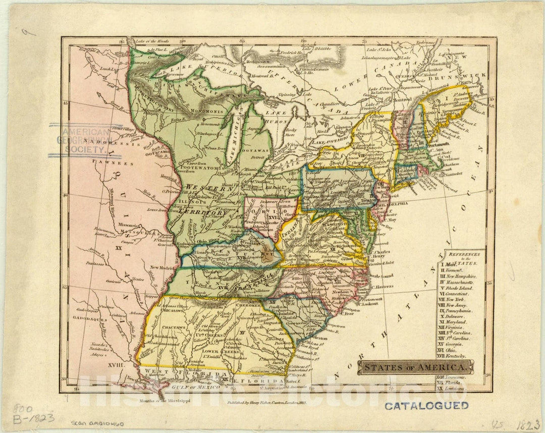 Map : United States 1823, States of America, Antique Vintage Reproduction