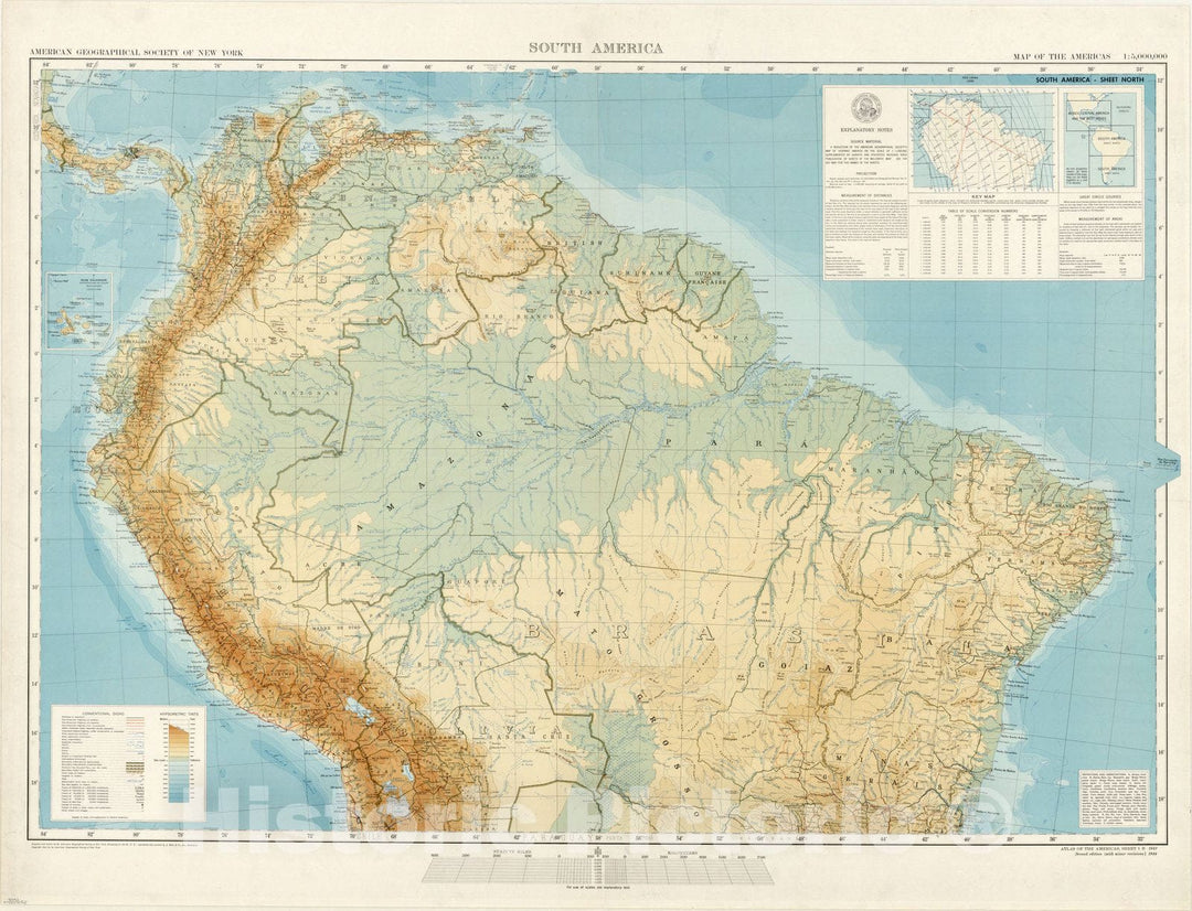 Map : South America 1944, South America. Sheet north , Antique Vintage Reproduction