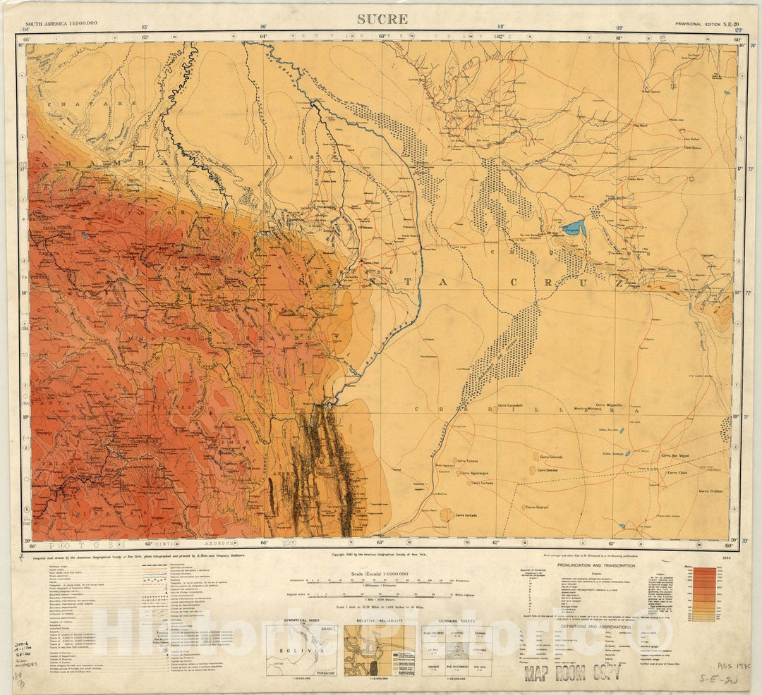 Map : Sucre 1940, South America 1:1,000,000. Sucre , Antique Vintage Reproduction