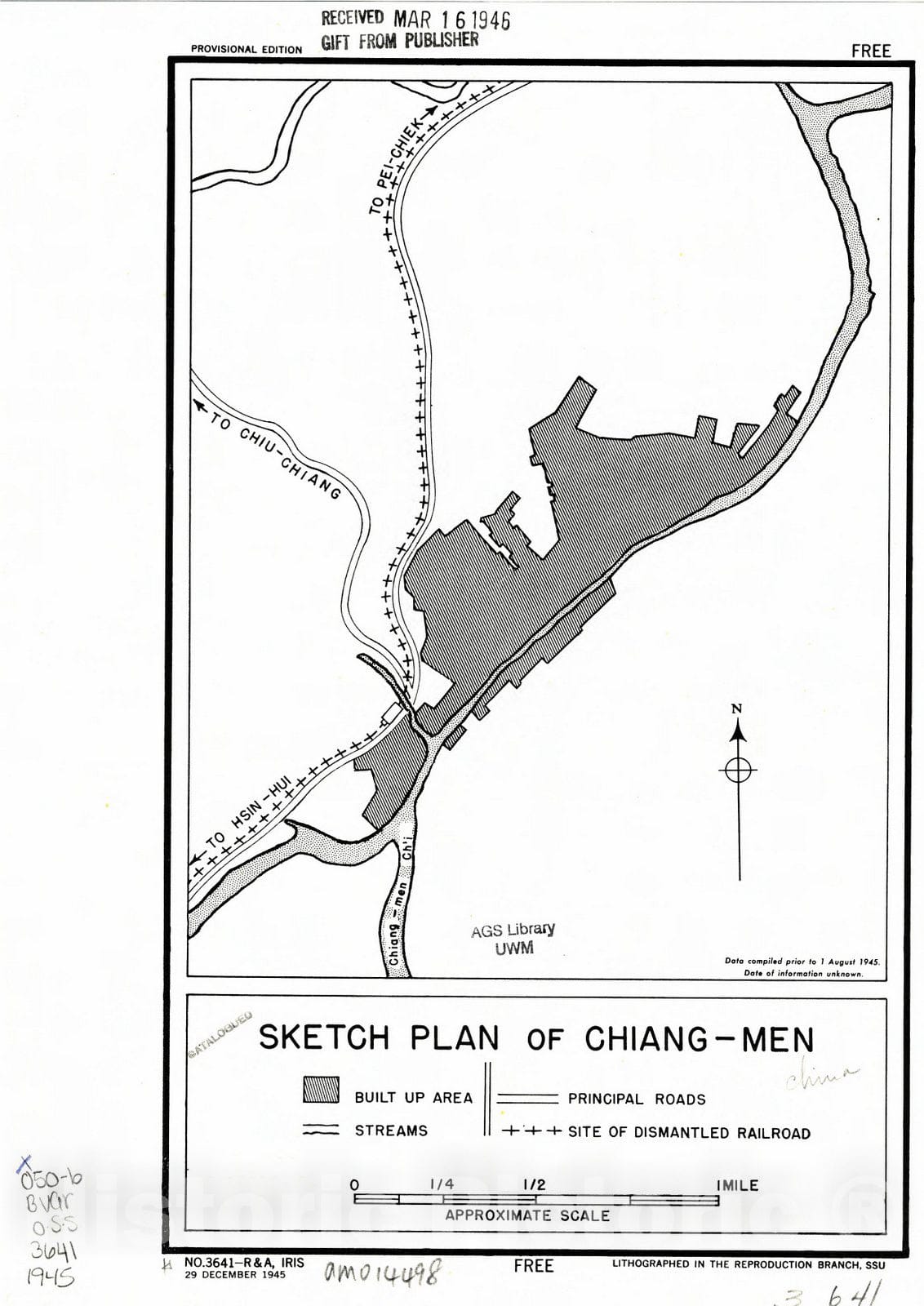 Map : Jiangmen Shi, China 1945, Sketch plan of Chiang-men , Antique Vintage Reproduction