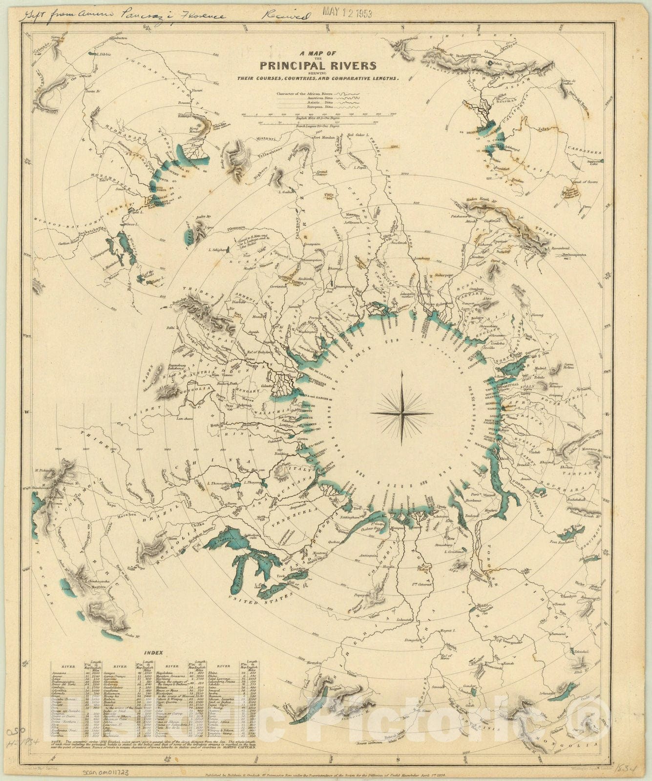 Map : World map 1834, A map of the principal rivers shewing their courses, countries, and comparative lengths , Antique Vintage Reproduction