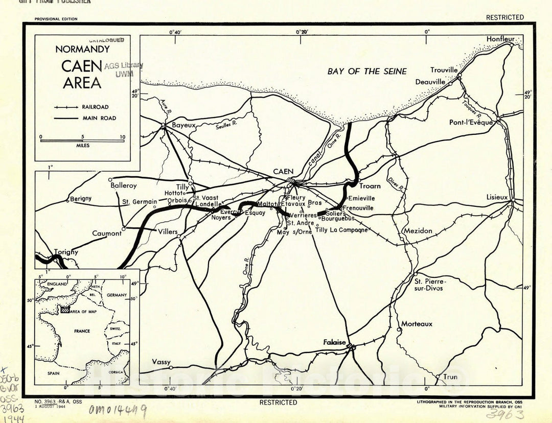 Map : Normandy, France 1944, Normandy, Caen area , Antique Vintage Reproduction