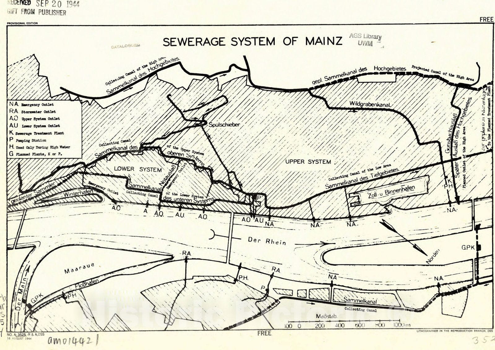 Map : Mainz, Rhineland-Palatinate, Germany 1944, Sewerage system of Mainz , Antique Vintage Reproduction