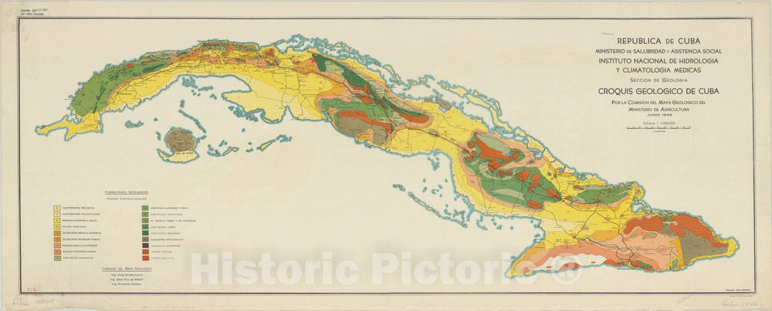 Map : Cuba 1946, Croquis geologico de Cuba , Antique Vintage Reproduction