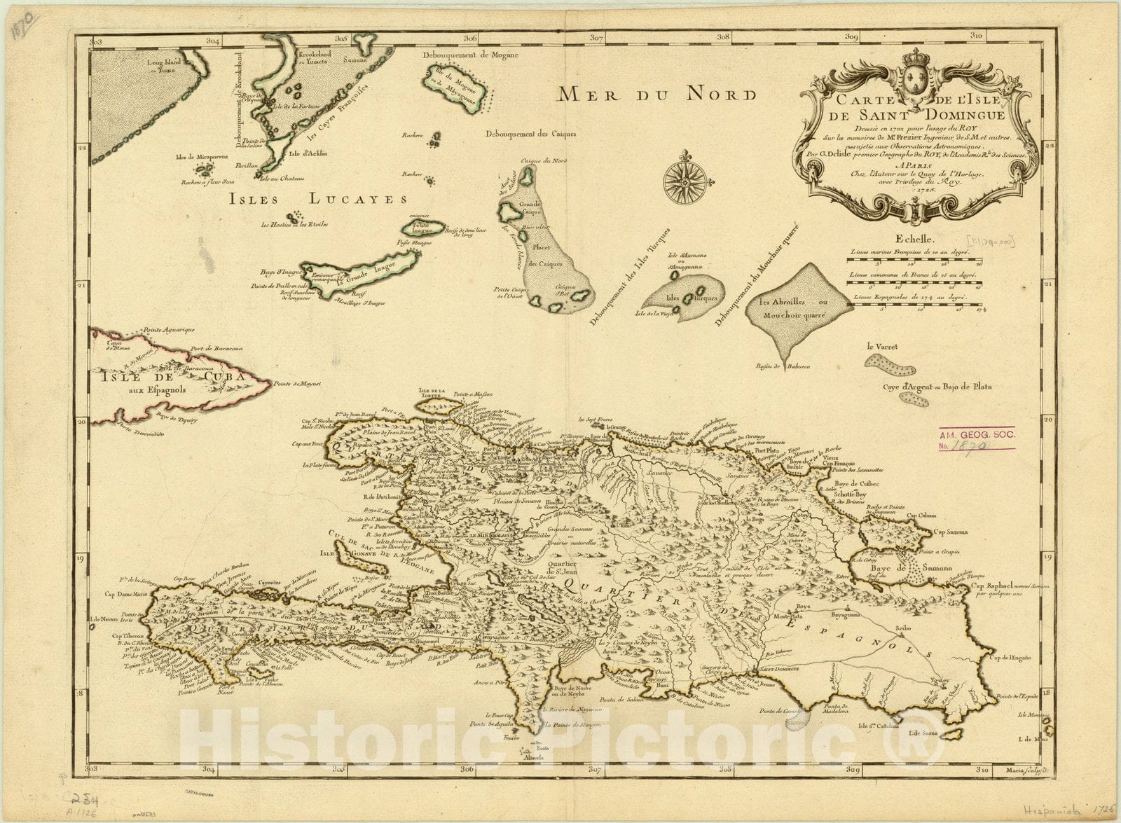 Map : Hispaniola 1725, Carte de l'isle de Saint Domingue : dressee en 1722 pour l'usage du Roy sur les memoires de Mr. Frezier, Ingenieur de S.M. et autres