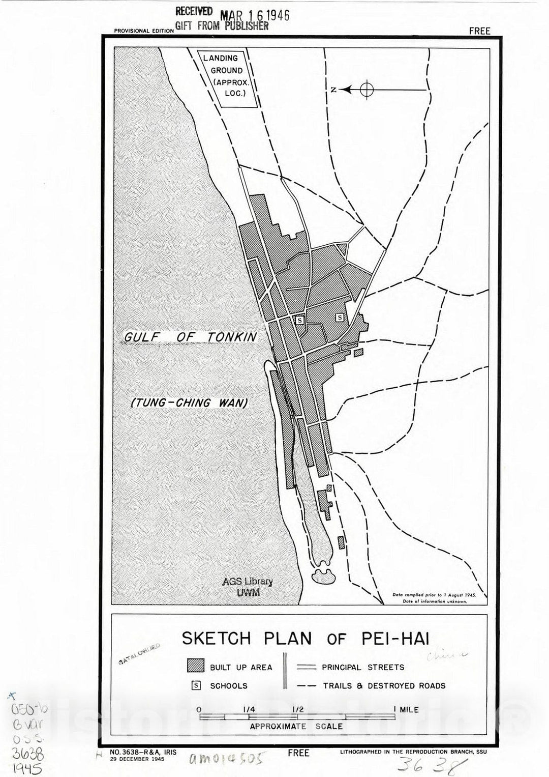 Map : Beihai, China 1945, Sketch plan of Pei-Hai , Antique Vintage Reproduction