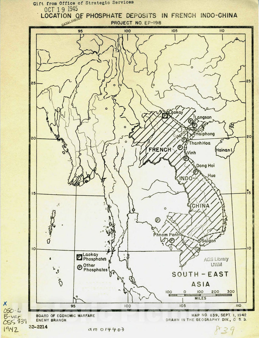 Map : Indochina 1942, Location of phosphate deposits in French Indo-China , Antique Vintage Reproduction