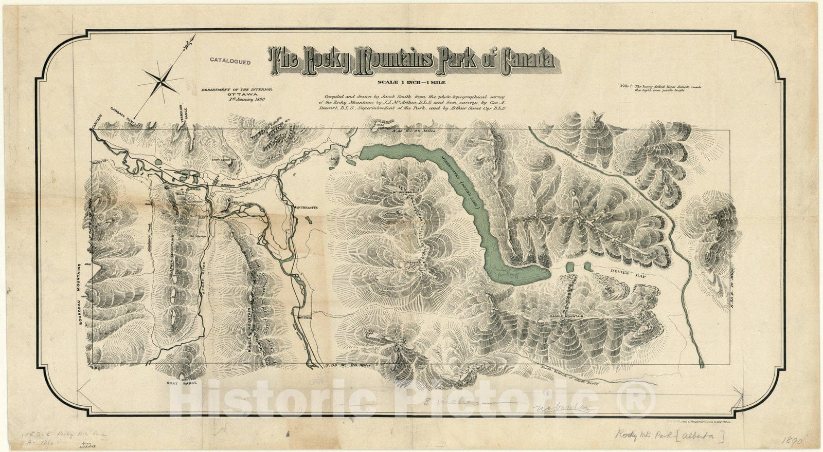 Map : Alberta 1890, The Rocky Mountains Park of Canada , Antique Vintage Reproduction