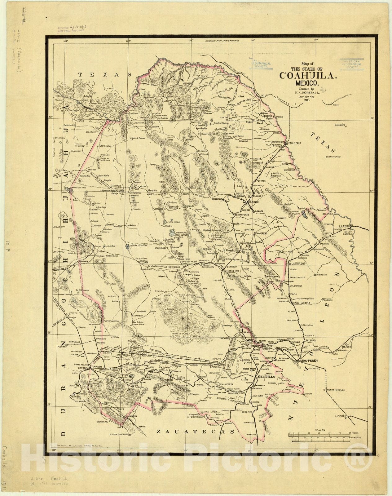 Map : Coahuila, Mexico 1911, Map of the state of Coahuila, Mexico , Antique Vintage Reproduction