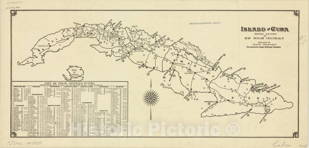 Map : Cuba 1922, Island of Cuba showing location of raw sugar centrals , Antique Vintage Reproduction