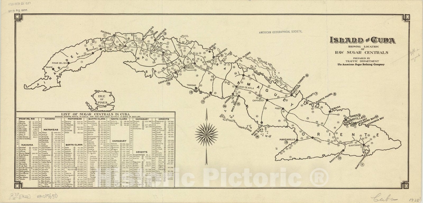 Map : Cuba 1922, Island of Cuba showing location of raw sugar centrals , Antique Vintage Reproduction