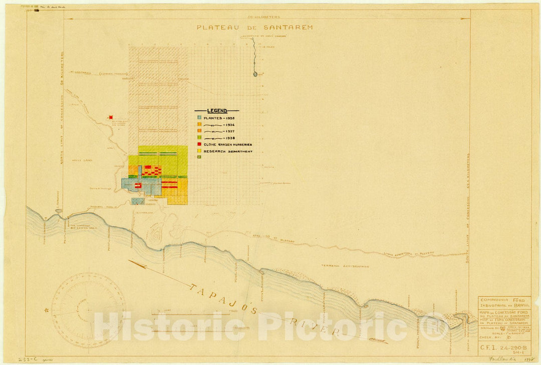 Map : Fordlandia, Brazil 1938, Mapa da Concessa?o Ford no plateau de Santarem, Map of Ford Concession on Plateau of Santarem , Antique Vintage Reproduction