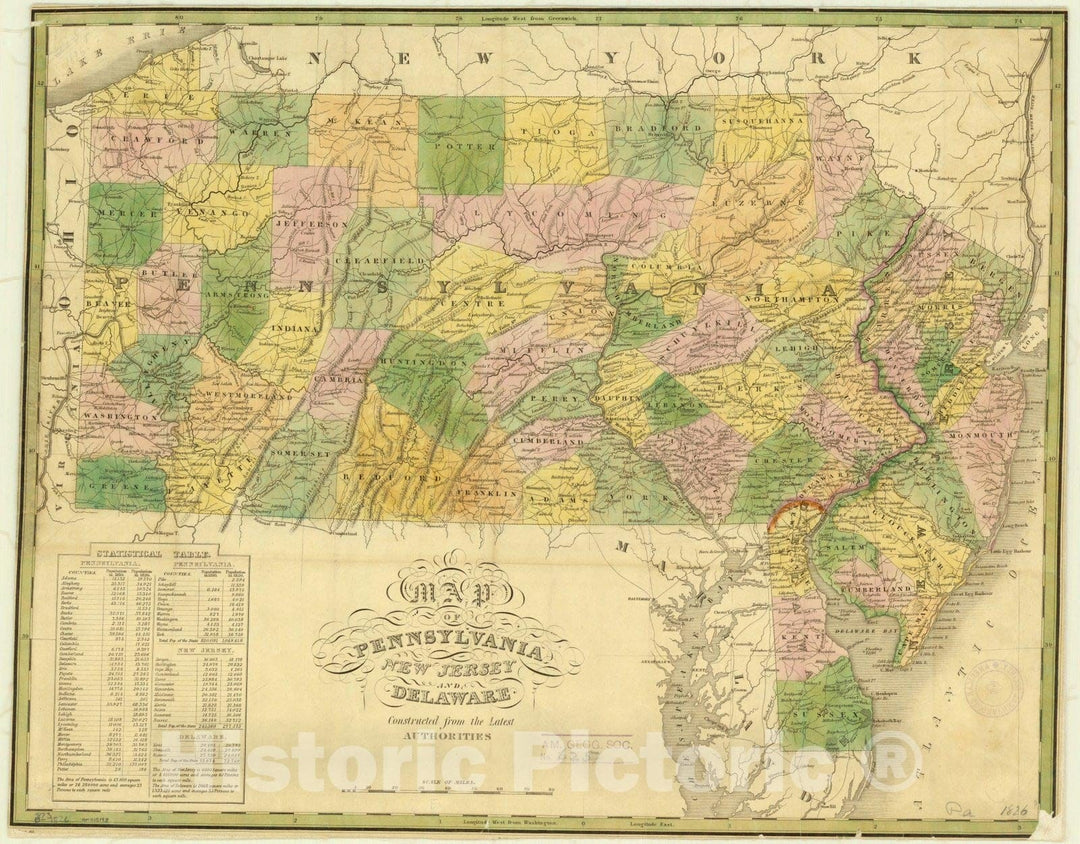 Map : Pennsylvania 1826, Map of Pennsylvania, New Jersey and Delaware : constructed from the latest authorities , Antique Vintage Reproduction