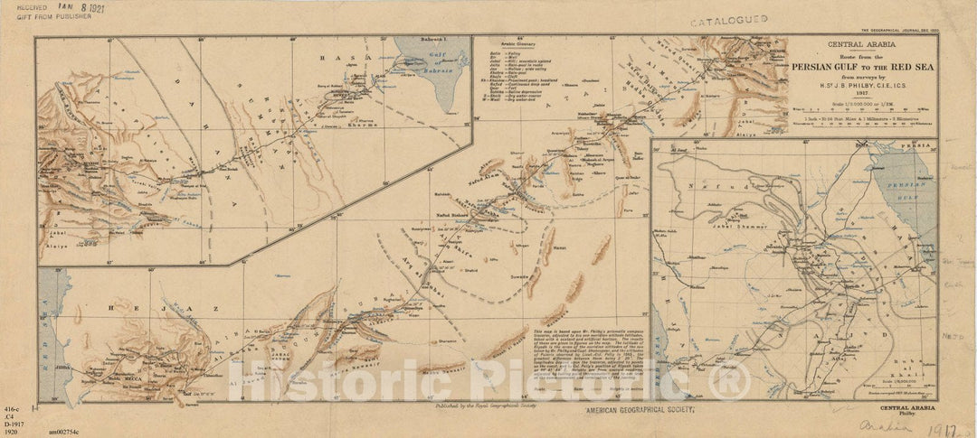 Map : Central Saudi Arabia 1920, Central Arabia : route from the Persian Gulf to the Red Sea from surveys by H. St. J.B. Philby ... 1917 , Antique Vintage Reproduction