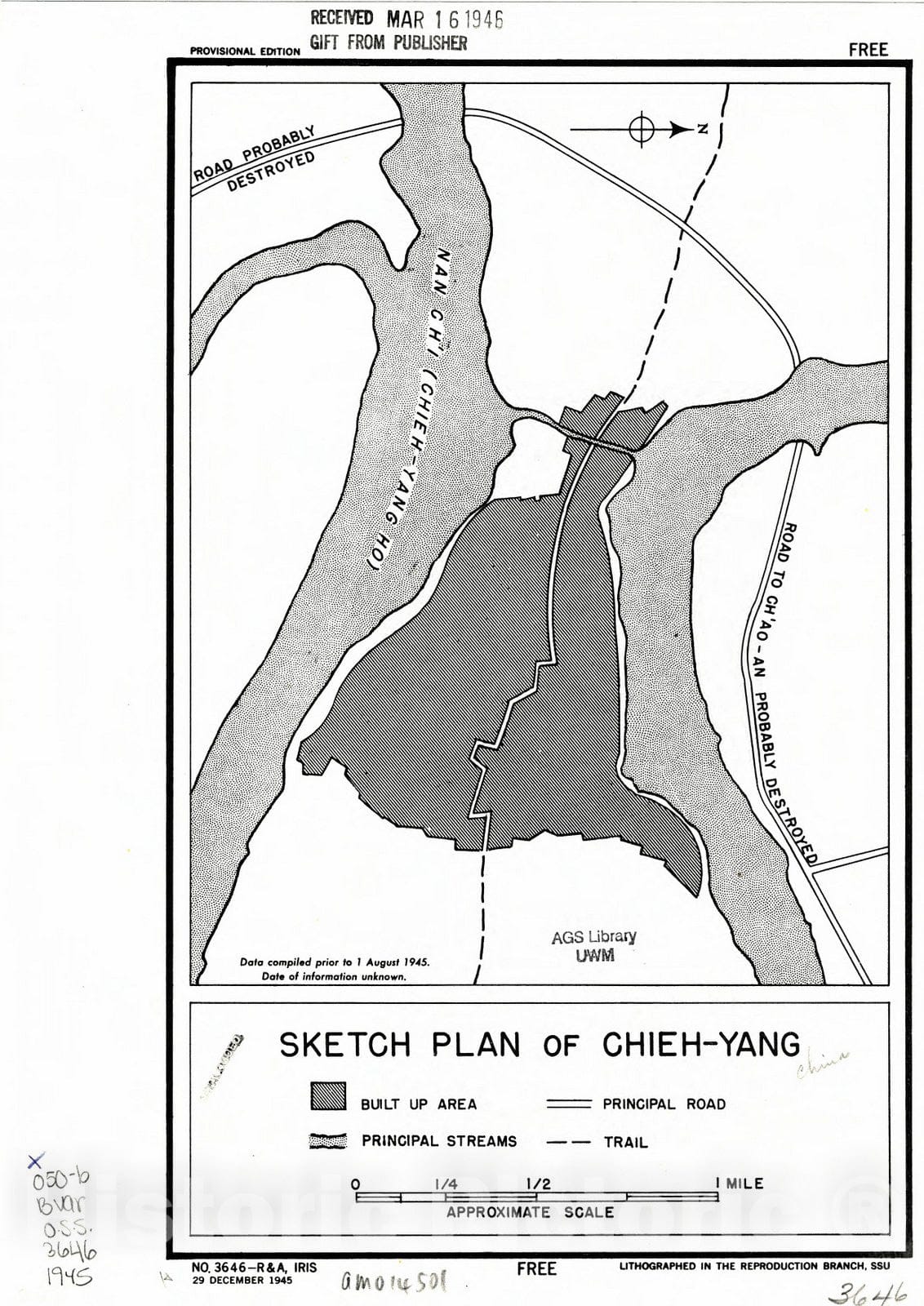 Map : Jieyang Shi, China 1945, Sketch plan of Chieh-yang , Antique Vintage Reproduction