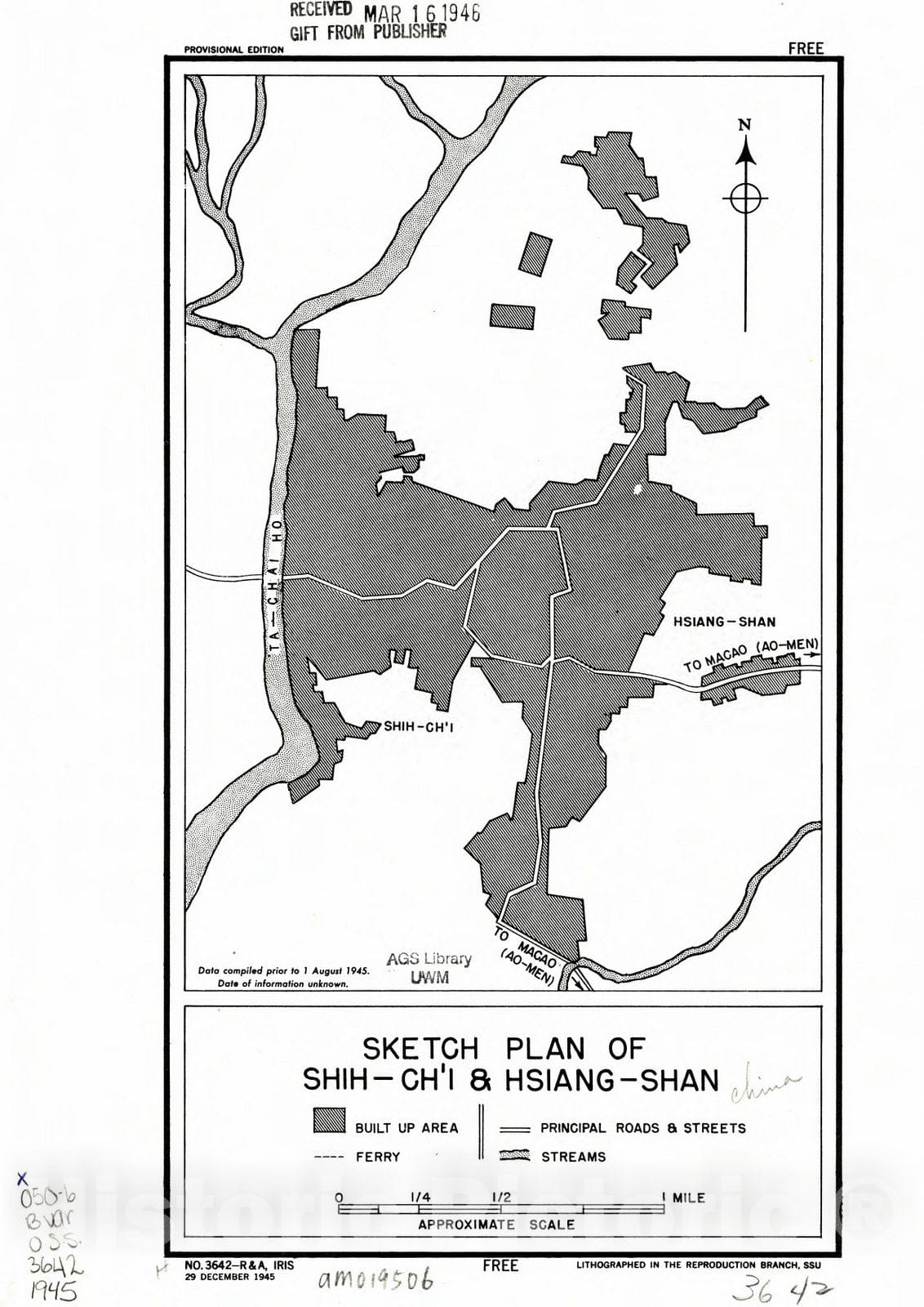 Map : China 1945, Sketch plan of Shih-ch'i & Hsiang-shan , Antique Vintage Reproduction