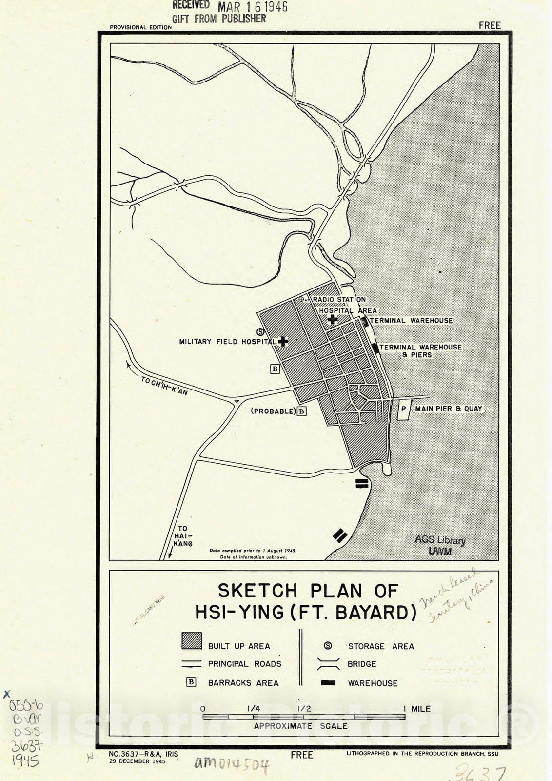 Map : Zhanjiang Shi, China 1945, Sketch plan of Hsi-Ying (Ft. Bayard) , Antique Vintage Reproduction