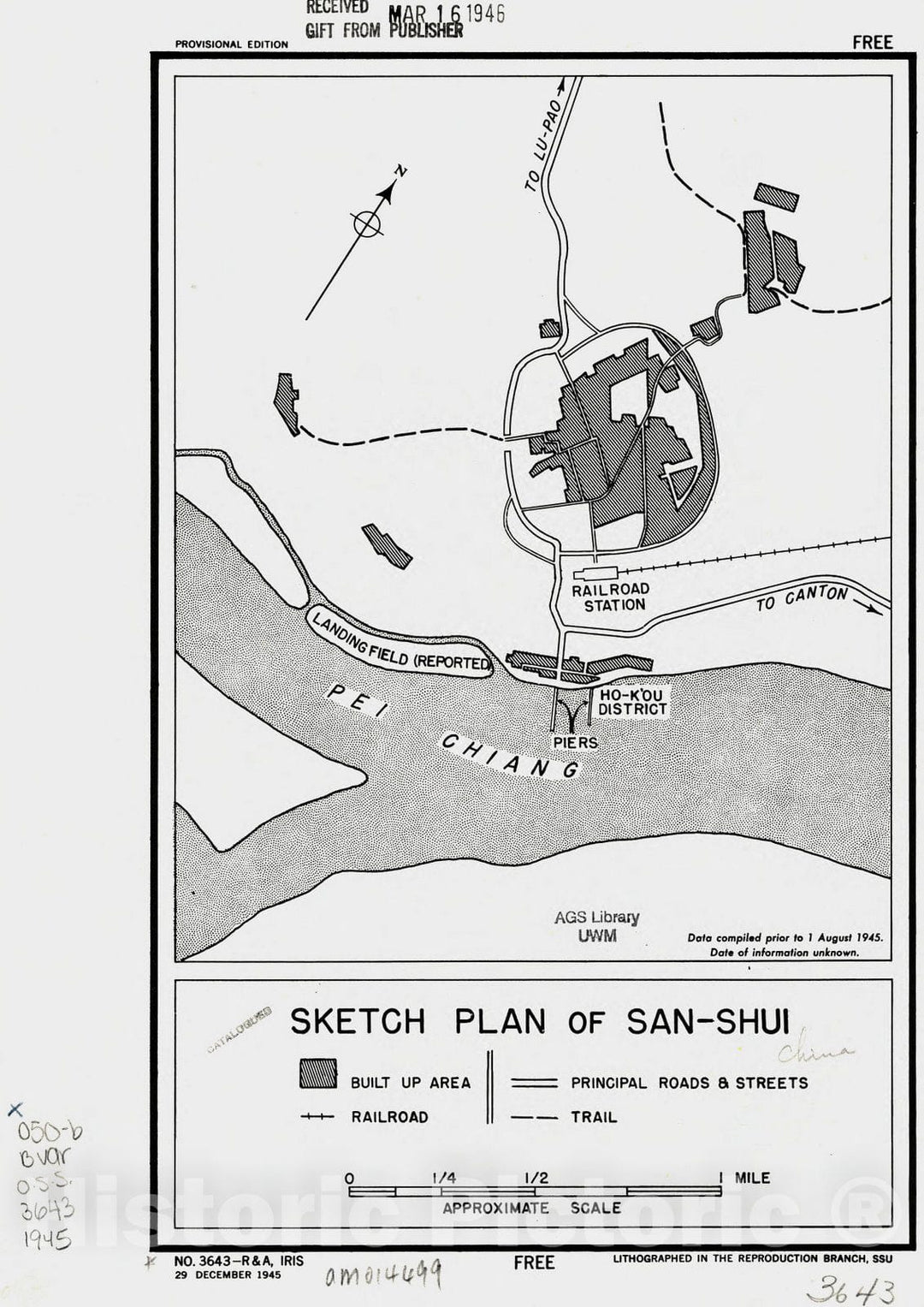 Map : Sanshui Xian, China 1945, Sketch plan of San-shui, Antique Vintage Reproduction