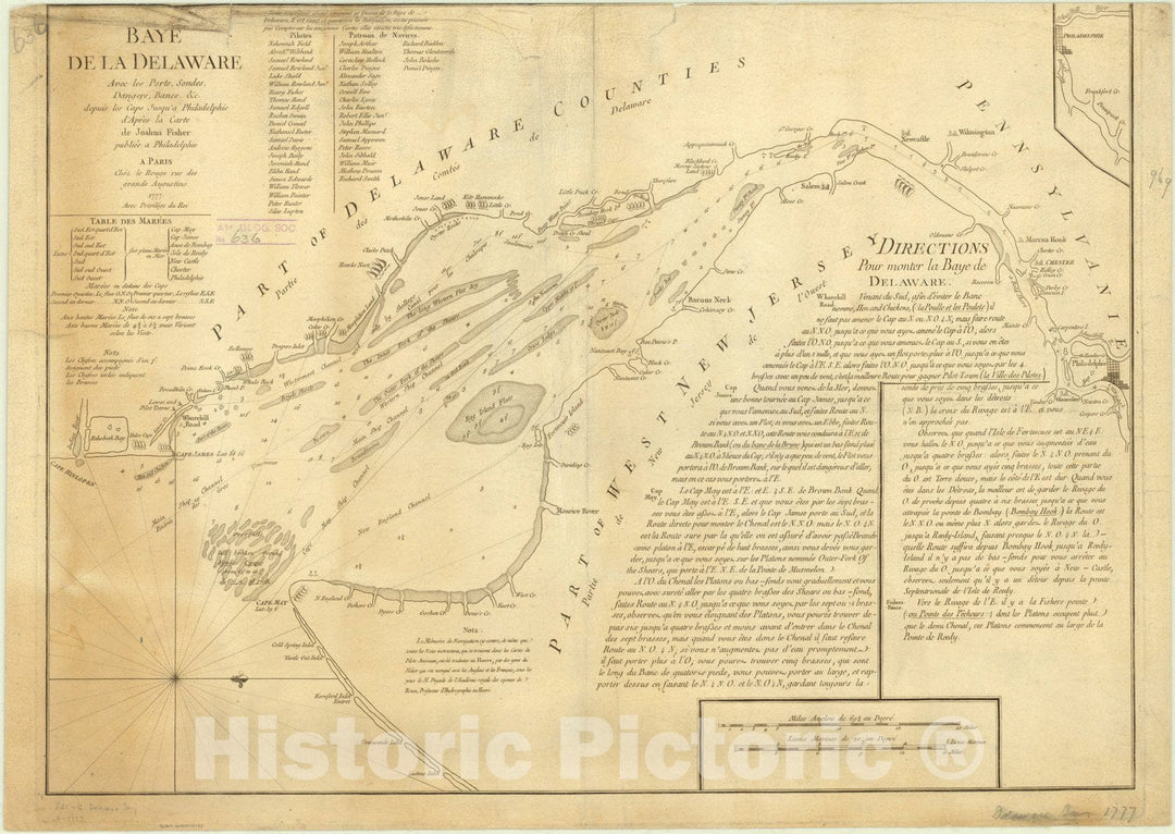 Map : Delaware Bay, Delaware 1777, Baye de la Delaware avec les ports, sondes, dangers, bancs, &c. depuis les caps jusqu'a Philadelphie , Antique Vintage Reproduction