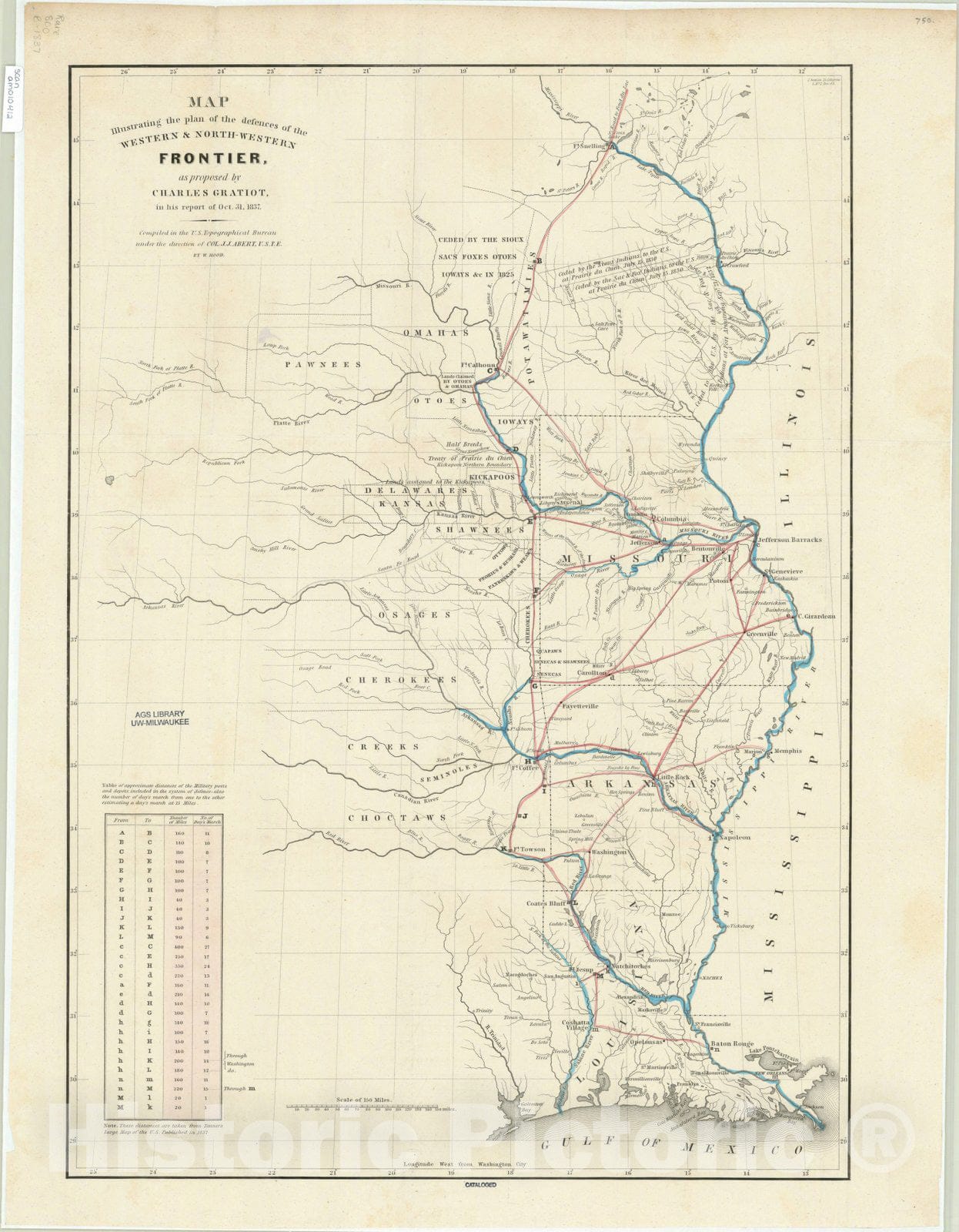 Map : United States 1837, Map illustrating the plan of the defences of the Western & North Western Frontier , Antique Vintage Reproduction