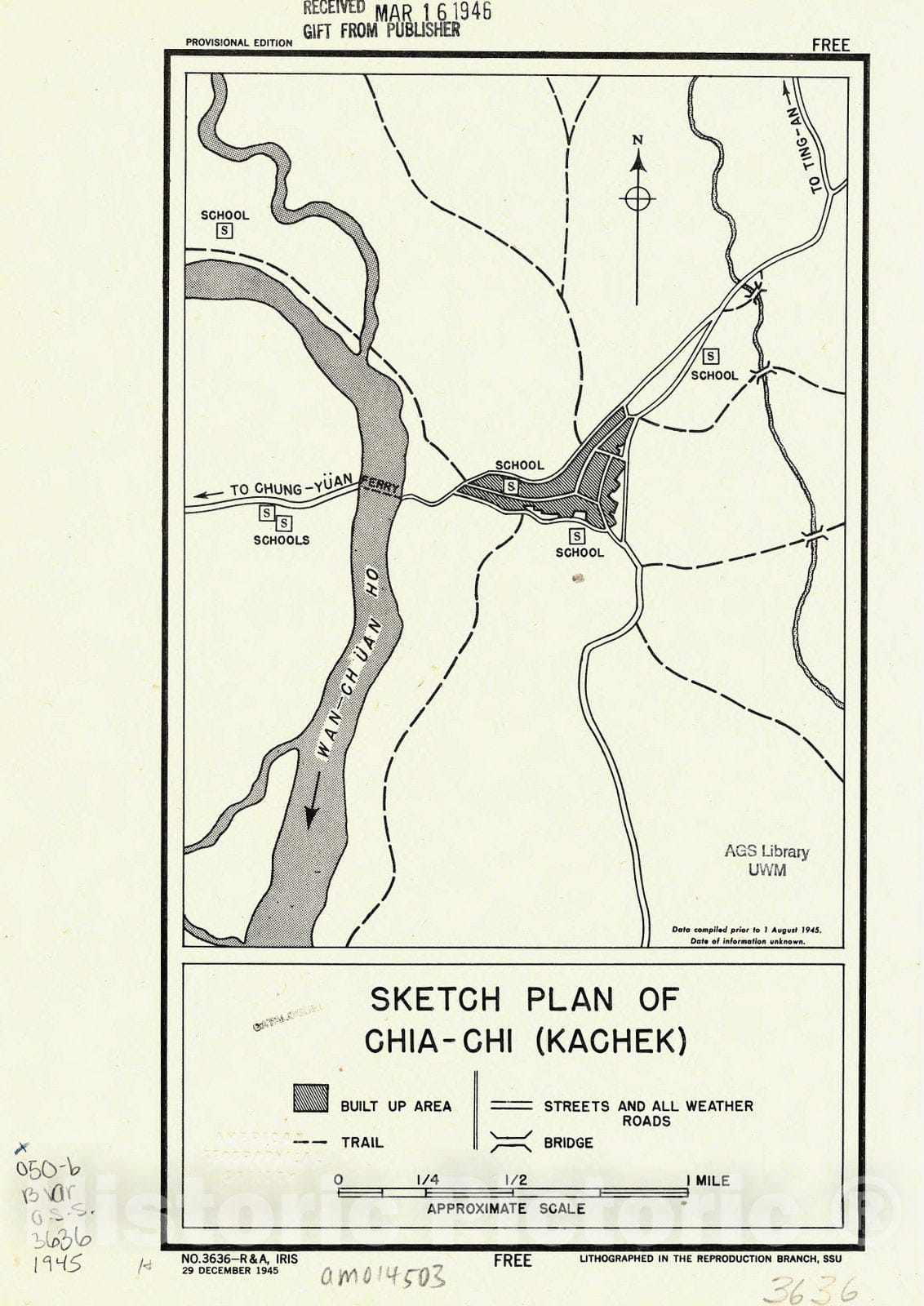 Map : Qionghai Shi, China 1945, Sketch plan of Chia-chi (Kachek) , Antique Vintage Reproduction