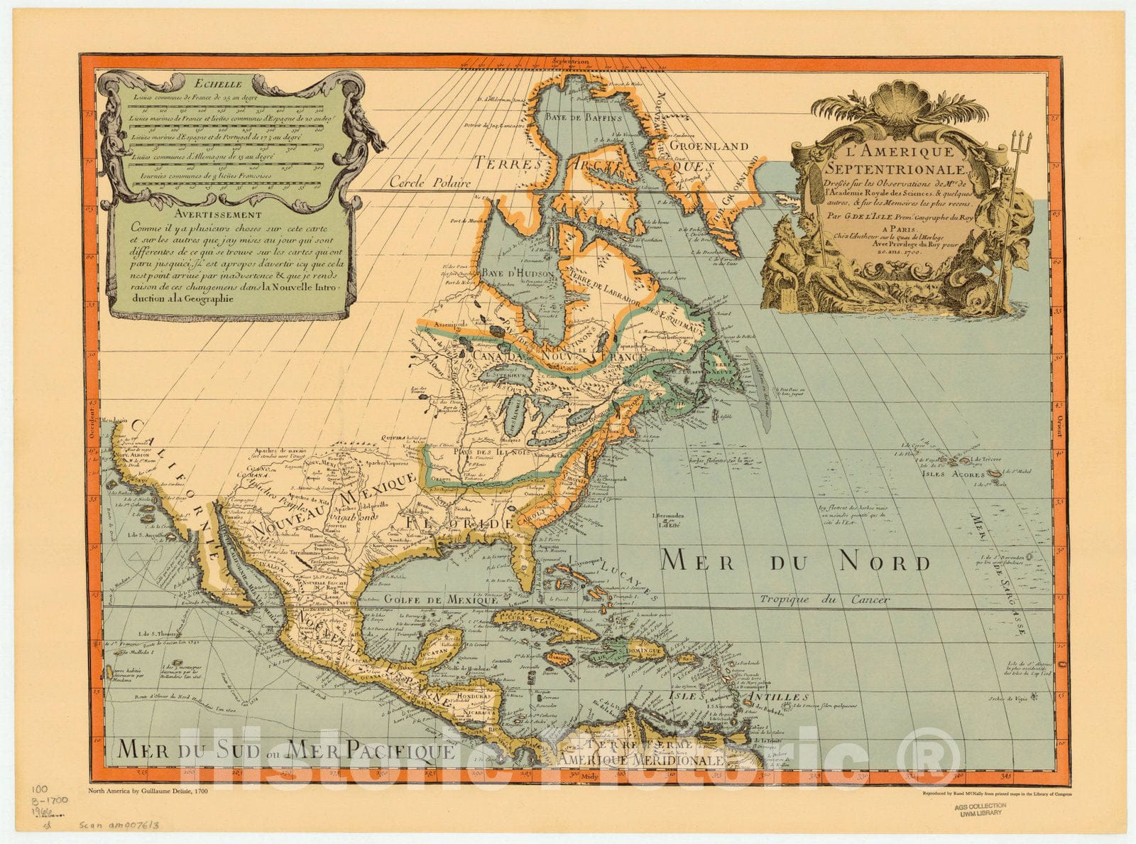 Map : North America 1700 1966, L'Amerique septentrionale. , Antique Vintage Reproduction