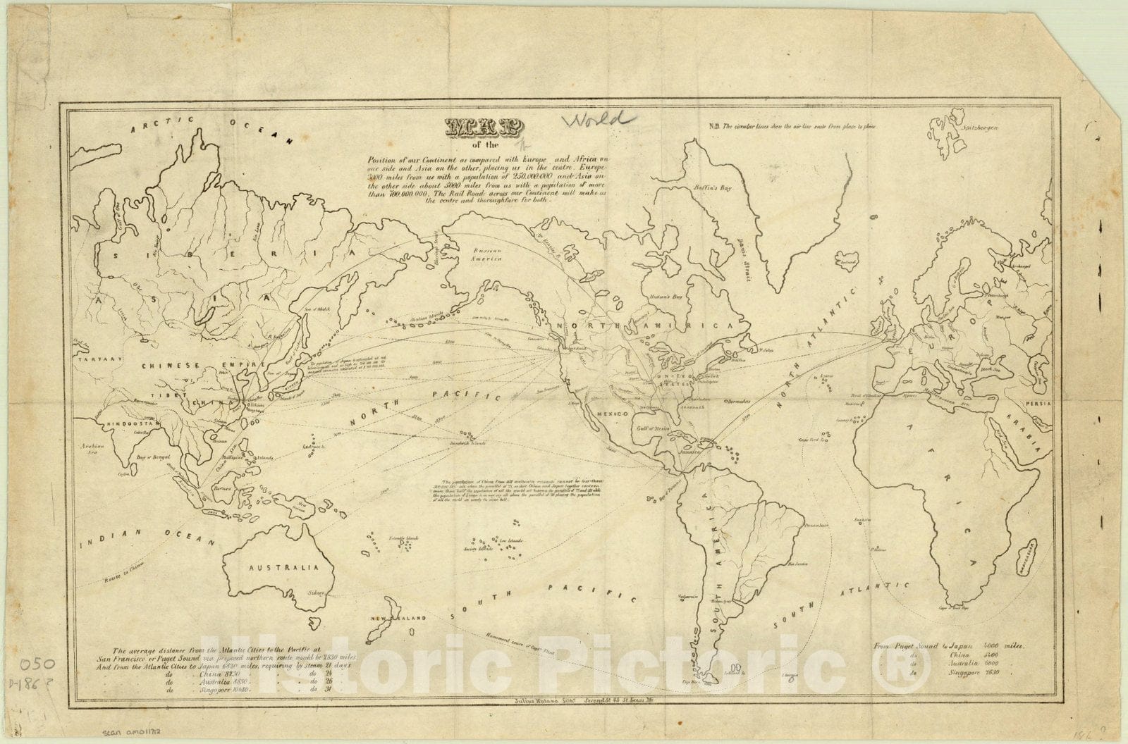 Map : World map 1845, Map of the position of our continent as compared with Europe and Africa on one side, and Asia on the other, placing us in the centre